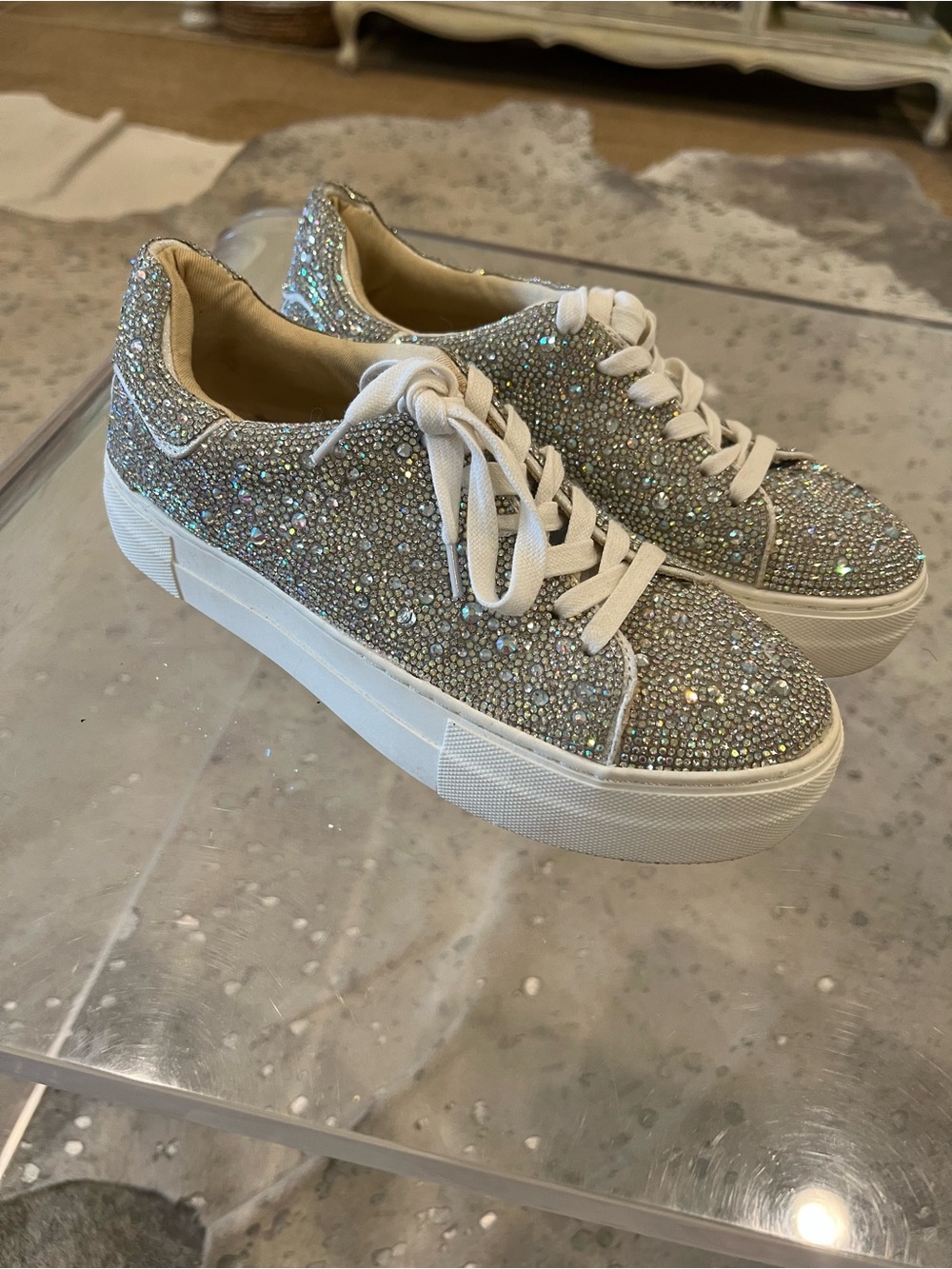 Betsey Johnson Suton Platform Rhineston Silver Crystal Lace-Up Sneakers 7.5